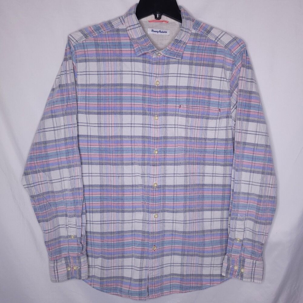 Tommy Bahama Corduroy Shirt Mens XLT Plaid Blue, Red, Green Pastel